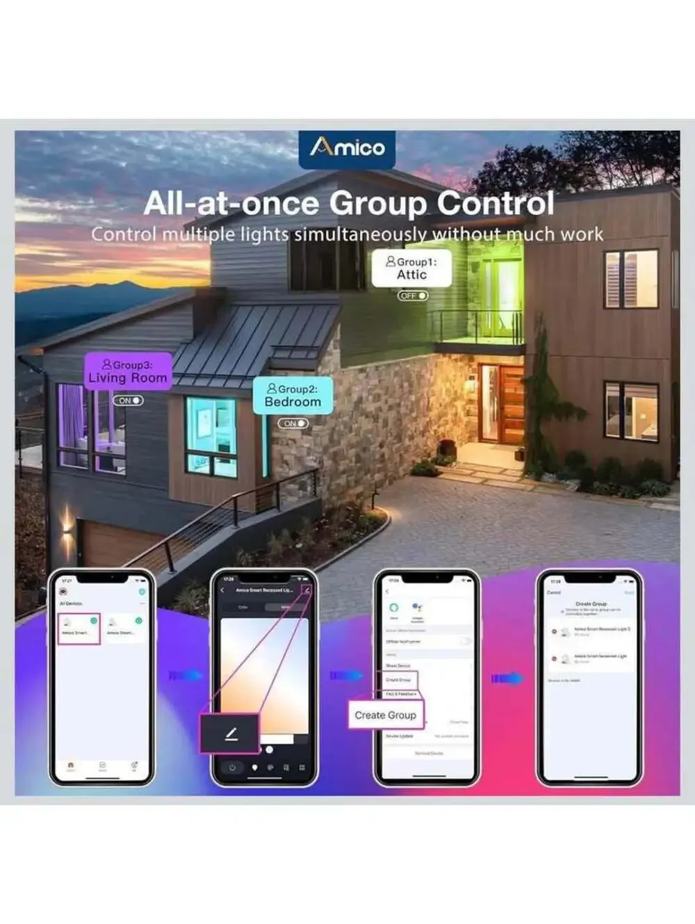 Amico 6 Pack Smart LED Recessed Lighting - WiFi Color Changing - New in Box
